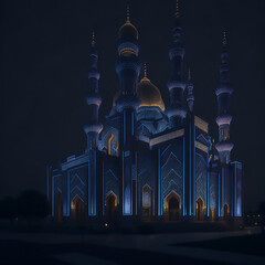  Eid al-Fitr | a high-definition photograph of a mosque at night during Eid al-Fitr, with colorful lights and geometric designs on the building's fa&ccedil;ade. Ai