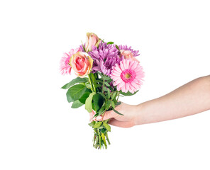 Flowers bouquet in hand in giving gesture isolated on transparent white background