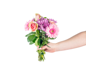 Flowers bouquet in hand in giving gesture isolated on transparent white background