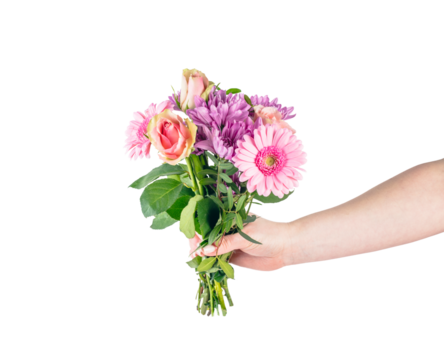 Flowers bouquet in hand in giving gesture isolated on transparent white background