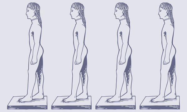 Hand-Drawn Black and White Kouros Vector Illustration - Ancient Greek Male Youth Sculpture