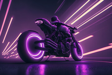 Naklejka na ściany i meble Futuristic biker on a retrowave sunset with a glitch and high-speed effect. Neural network AI generated art