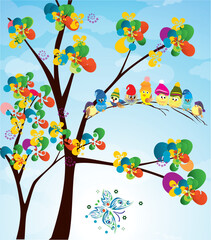 composition with colorful birds on a blue background