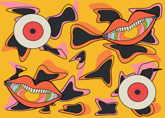 Cool bright psychedelic poison background in hippie style with eyes and mouths.vector illustration on colorful background.