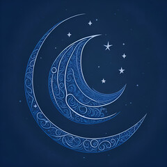 Eid al-Fitr |  a digital painting of a crescent moon and star, symbolizing the start of Eid al-Fitr, set against a deep blue background with a subtle pattern. Ai