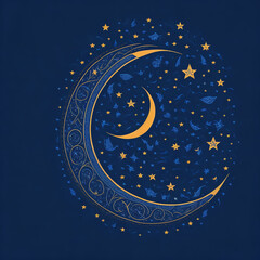 Eid al-Fitr |  a digital painting of a crescent moon and star, symbolizing the start of Eid al-Fitr, set against a deep blue background with a subtle pattern. Ai