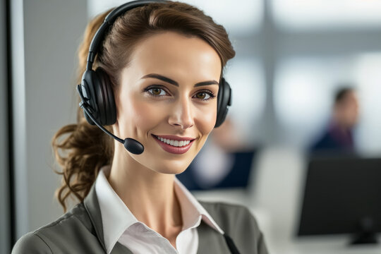 Portrait of call center woman with headset in modern office. Contact us form image.