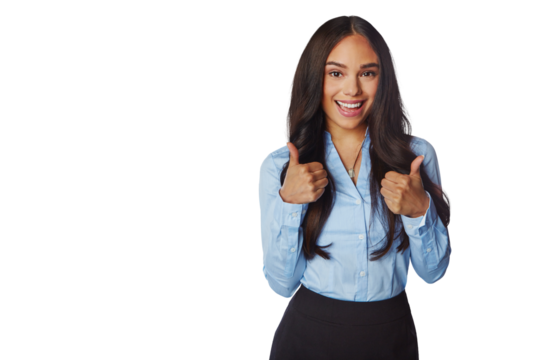 Thumbs up, portrait and professional woman isolated on transparent, png background for success, support or like. Happy winner, model or business biracial person in yes, ok emoji and thank you hands - Powered by Adobe