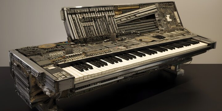 A piano made of repurposed computer parts, emphasizing the convergence of classical music and modern technology, concept of Sustainable Innovation, created with Generative AI technology
