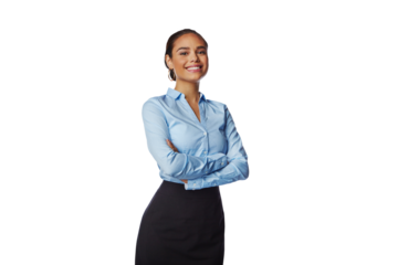 Portrait, smile and business woman with arms crossed isolated on a transparent png background. Professional, happiness and confident female person or entrepreneur from Brazil with pride for career.