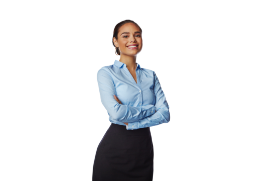 Portrait, smile and business woman with arms crossed isolated on a transparent png background. Professional, happiness and confident female person or entrepreneur from Brazil with pride for career.
