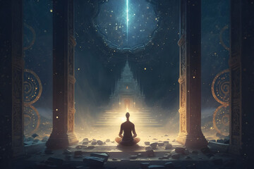 Yoga meditation in lotus pose with aura spiritual. Neural network AI generated artCloseup of the ferret in the nature. Ferret on the hunt.