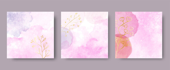 Trendy abstract square art templates with watercolor, flower and gold elements for greeting card, social media cover