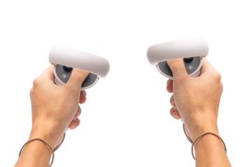Adult Man Holding Virtual Reality Game Controllers on iSolated White Background, Futuristic Game Innovation.