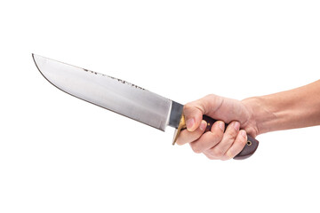 Adult Man Holding Big Sharp Knives With Both Hands on iSolated White Background. Free Space for Copy Text.