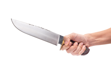 Adult Man Holding Big Sharp Knives With Both Hands on iSolated White Background. Free Space for Copy Text.