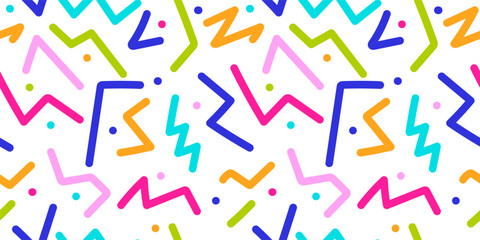 Abstract seamless background with colorful simple shapes. Memphis style. Childish doodle style. Vector illustration. Modern abstract color backdrop