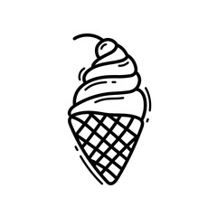 Ice cream doodle. Cone ice cream with cream and cherry. Sketch of ice cream in a cone. Cute ice cream drawing. Vector illustration in linear style
