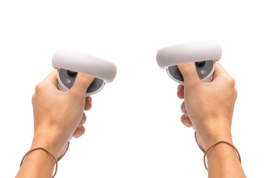Adult Man Holding Virtual Reality Game Controllers on iSolated White Background, Futuristic Game Innovation.