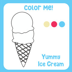 Coloring activity for children. Educational coloring worksheet. Printable coloring page or sheet outline of ice cream on white background. Practice worksheet for school and kindergarten. Vector file. 