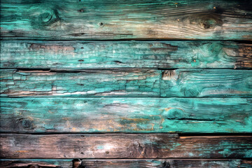 Turquoise distressed old damaged wooden plank wallpaper. Background, copy space.
