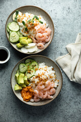 Homemade poke bowl with shrimps