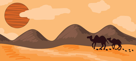 Fototapeta premium Vector colorful flat illustration: Desert panorama with camels