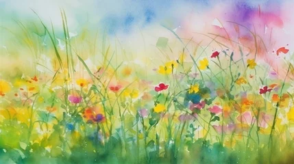 Fototapete Rund Watercolor painting of lush blooming summer meadow with colorful wildflowers. Beautiful artistic image for wallpaper, art print, background design. Generative AI.  © Aul Zitzke