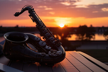 saxophone in the sunset. Generative AI - obrazy, fototapety, plakaty