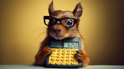 petit écureuil avec une calculatrice et des lunettes en train de faire le calcul de ses économies - obrazy, fototapety, plakaty