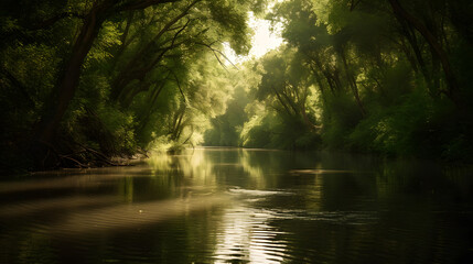 Fototapeta na wymiar A serene and tranquil shot of a calm river flowing through a green forest.