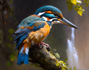 portrait of kingfisher perched above a waterfall. generative ai, generative, ai, wildlife bird illustration,