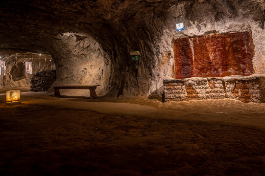 Underground of Bex salt mine in Switzerland. Illuminated walkways at Bex in Switzerland.