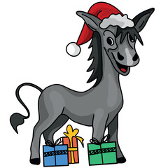 Cute vector cartoon illustration ready to print: Merry Christmas happy horse Santa Claus character 