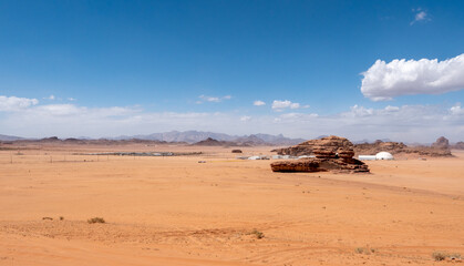 Fototapeta na wymiar Bajdah Desert Film Studios, part of the NEOM Media Village and the attached campsite in the Tabuk region of Saudi Arabia