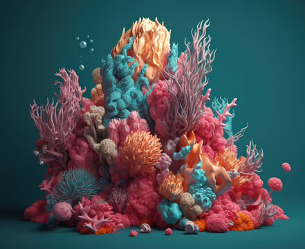 Corais e algas coloridos 3D