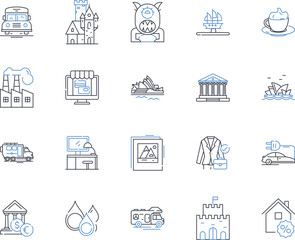 Plaza line icons collection. Bustling, Vibrant, Lively, Urban, Busy, Historical, Central vector and linear illustration. Iconic,Chic,Majestic outline signs set