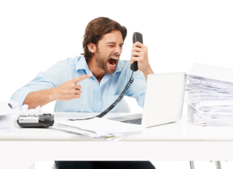 Telephone call, shout and business man angry over bad tech, poor service or communication problem. Administration anger, paperwork or male accountant stress isolated on a transparent, png background
