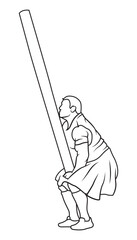 Caber toss vector icon. Scottish strongman athlete. Scotland man in kilt tossing the caber at highland games. Line art illustration. Logo idea. 