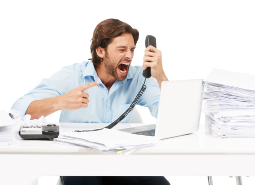 Telephone call, shout and business man angry over bad tech, poor service or communication problem. Administration anger, paperwork or male accountant stress isolated on a transparent, png background