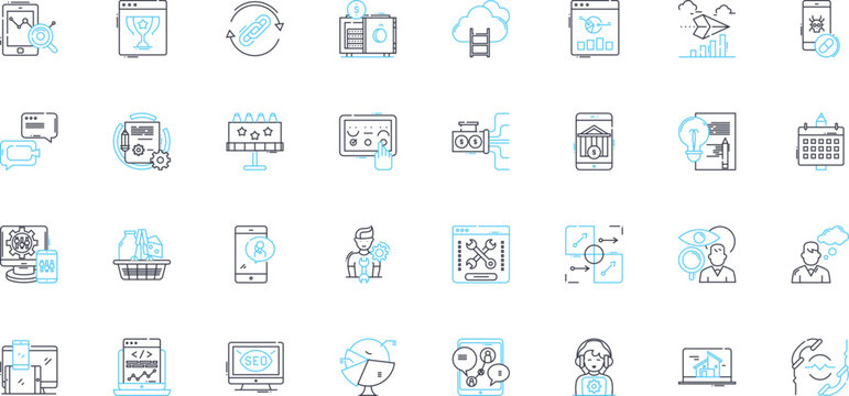 Web production linear icons set. Design, Development, Coding, Graphic, Animation, Layout, Responsive line vector and concept signs. Content,Optimization,Navigation outline illustrations