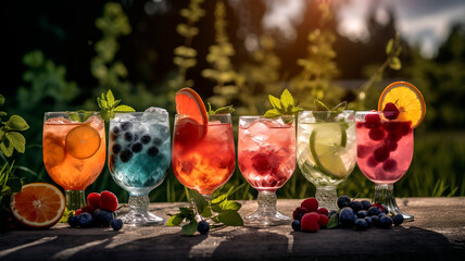Colorful summer cocktails on a nature background on a sunny day.