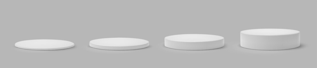 Set white podium base platform different heights. 3d round blank stand pedestal for product presentation. Realistic podium mockup vector illustration