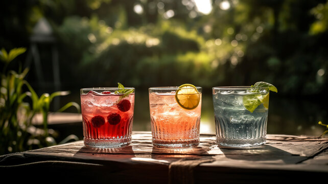 Colorful summer cocktails on a nature background on a sunny day.
