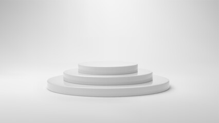 White round base podium in studio. Light scene with minimal stage platform for product display presentation, winner award. Realistic podium mockup vector illustration