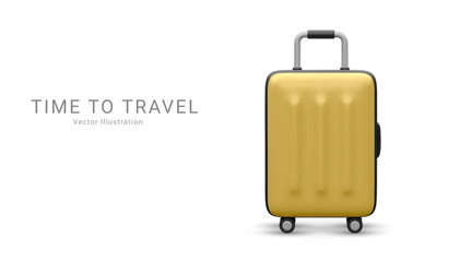 Realistic plastic suitcase. Yellow travel bag isolated on white background. Traveling banner template. 3 D Vector Illustration