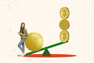 Creative 3d photo artwork graphics collage painting of excited teenager comparing money value...