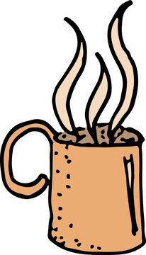 Mug with hot drink. Outline doodle illustration