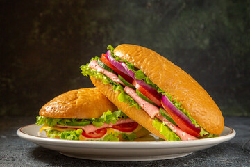 Close up view of delicious homemade sandwiches on a white plate on black distressed background with free space