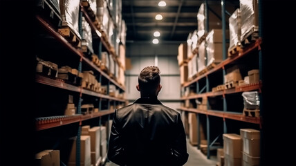 Fototapeta na wymiar an entrepreneur stands in his warehouse and examines the shelves, generativ AI